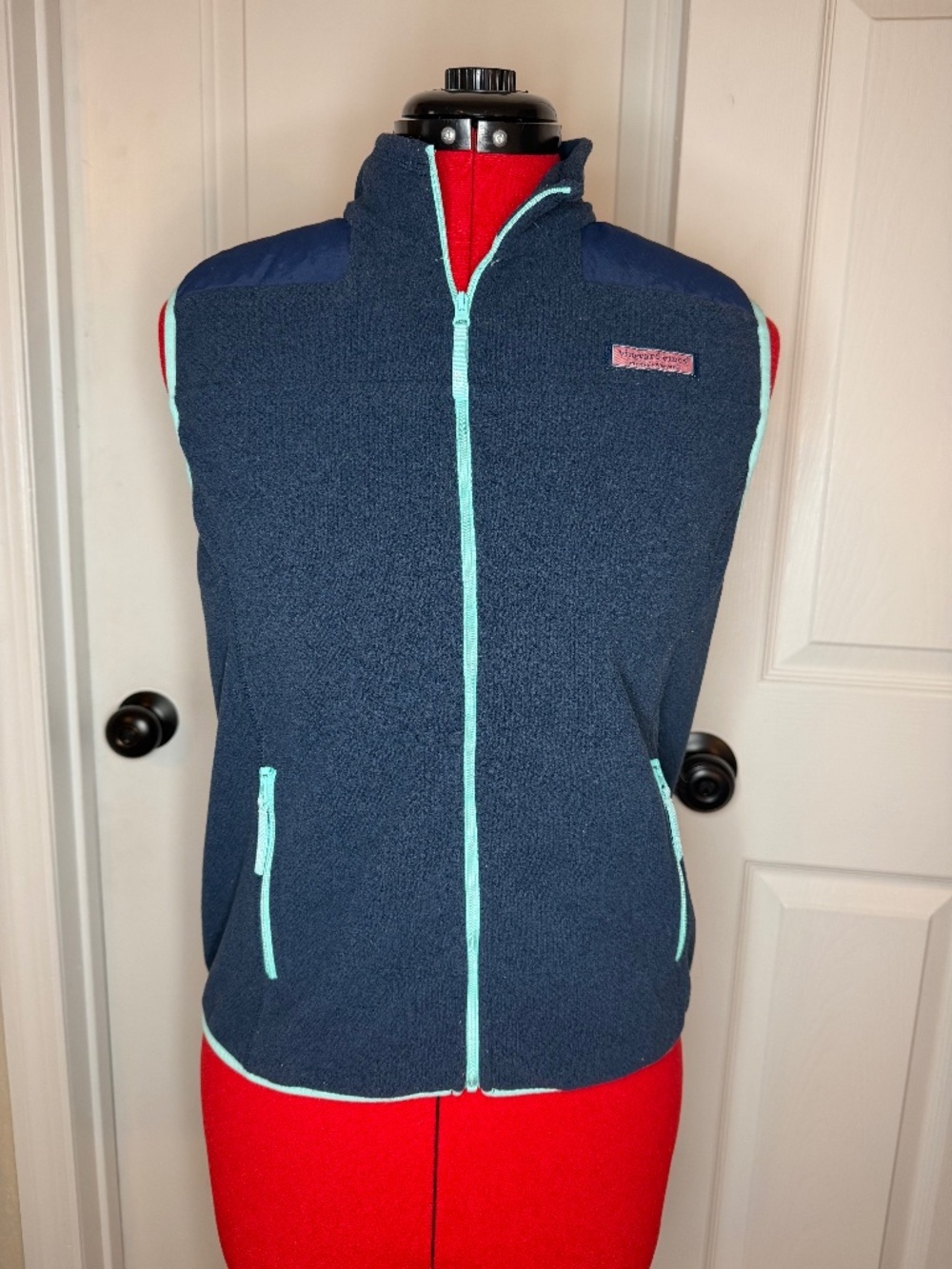 Vineyard Vines Youth Fleece Full Zip Vest Navy Light Blue Pink Kids XL Pockets